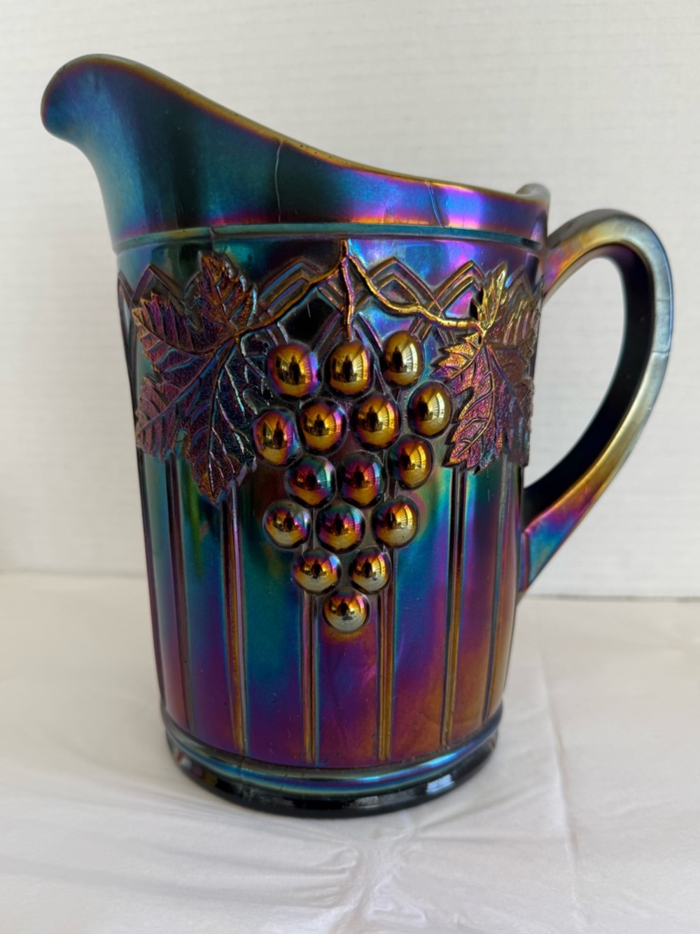 Antique Northwood Amethyst Carnival Glass Water Pitcher Grapes and Gothic Arches